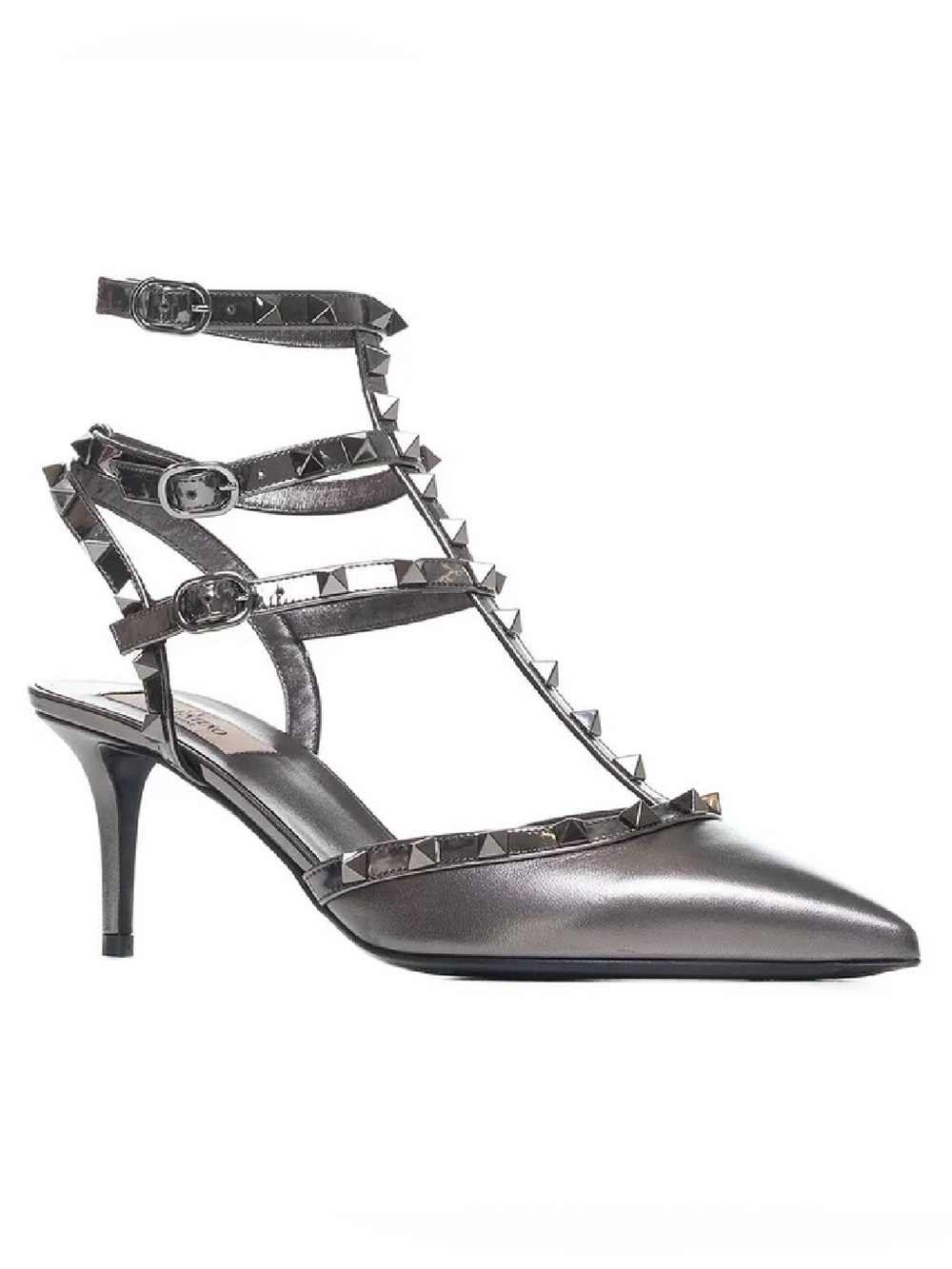 Valentino Garavani Metallic Gunmetal Rockstud T-Strap Pointed Kitten Heel Pumps